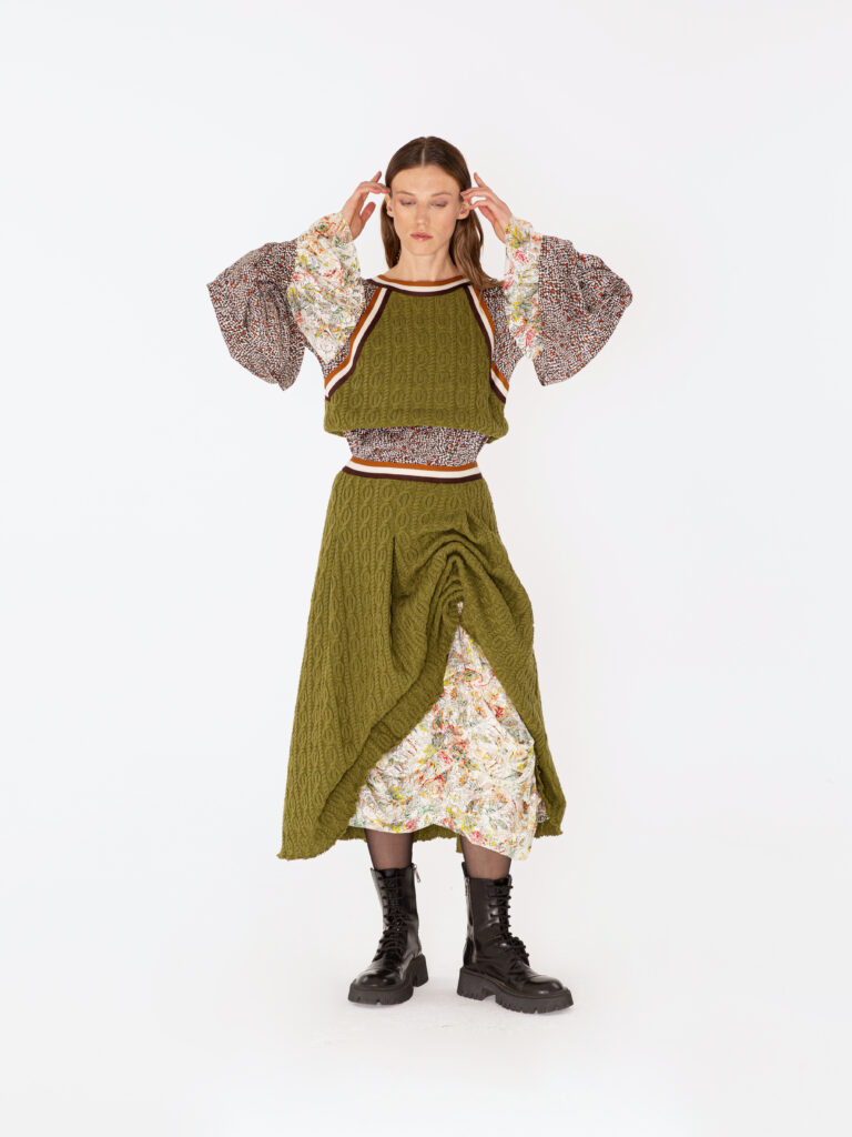 Blouse and skirt with guipure insert