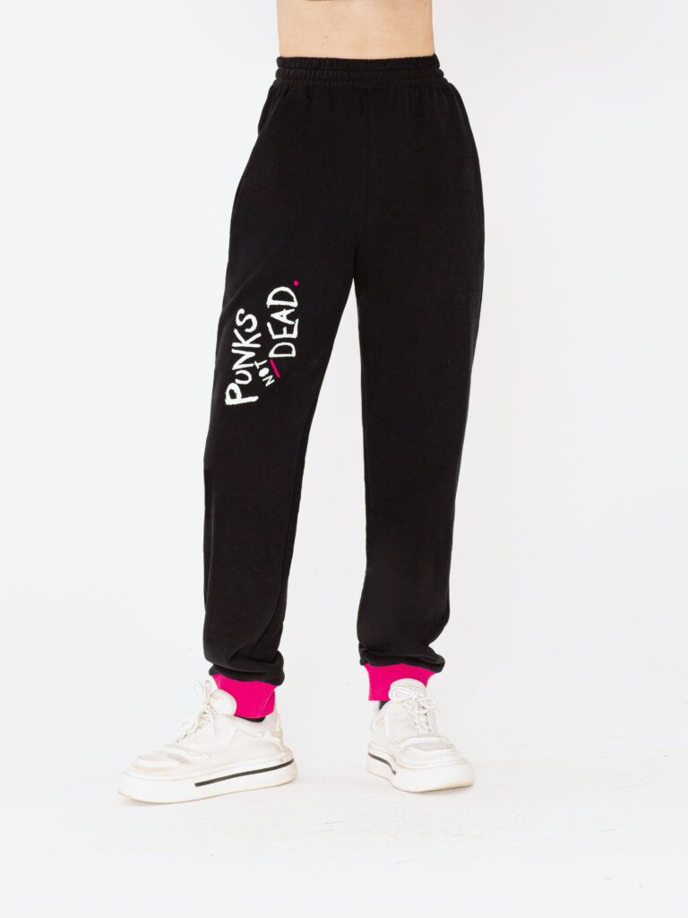 Black joggers with pink cuffs