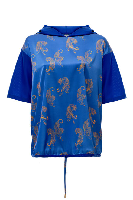 Блузка синяя с капюшоном и кружевной спинкой